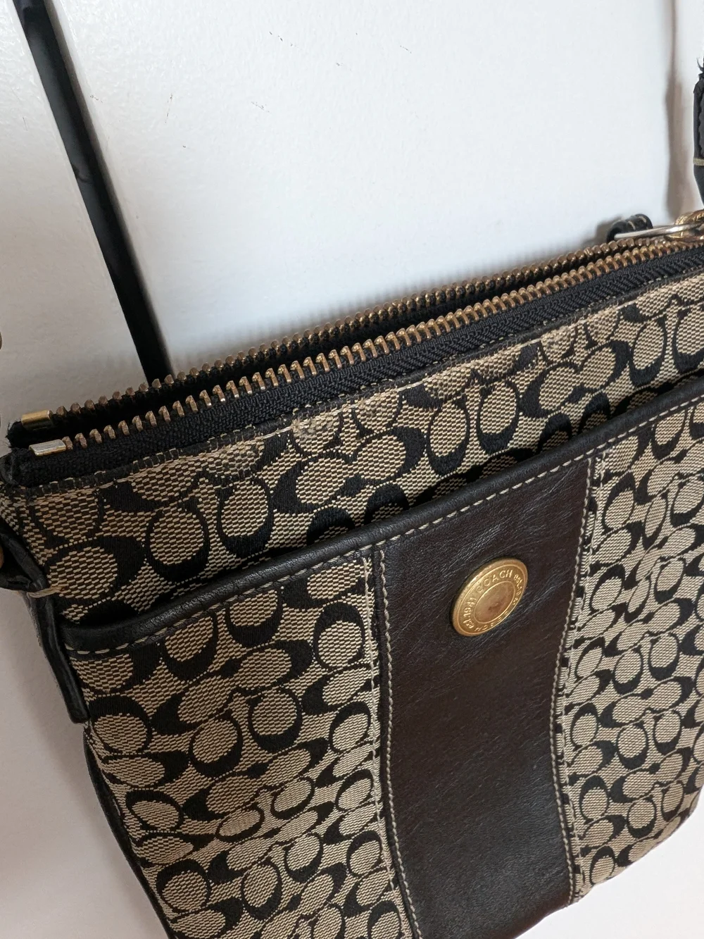 Coach Signature Monogram Crossbody Bag in Canvas and Black Leather Adjustable